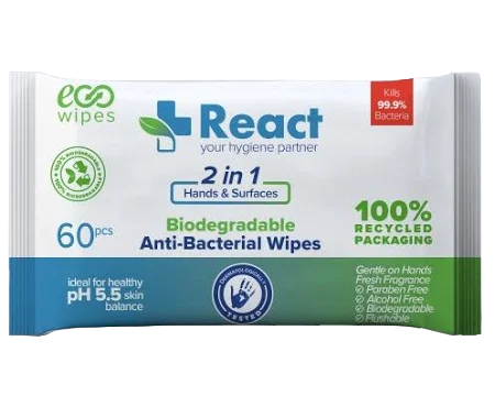 React Anti Bacterial Wipes Travel Pack 60pcs